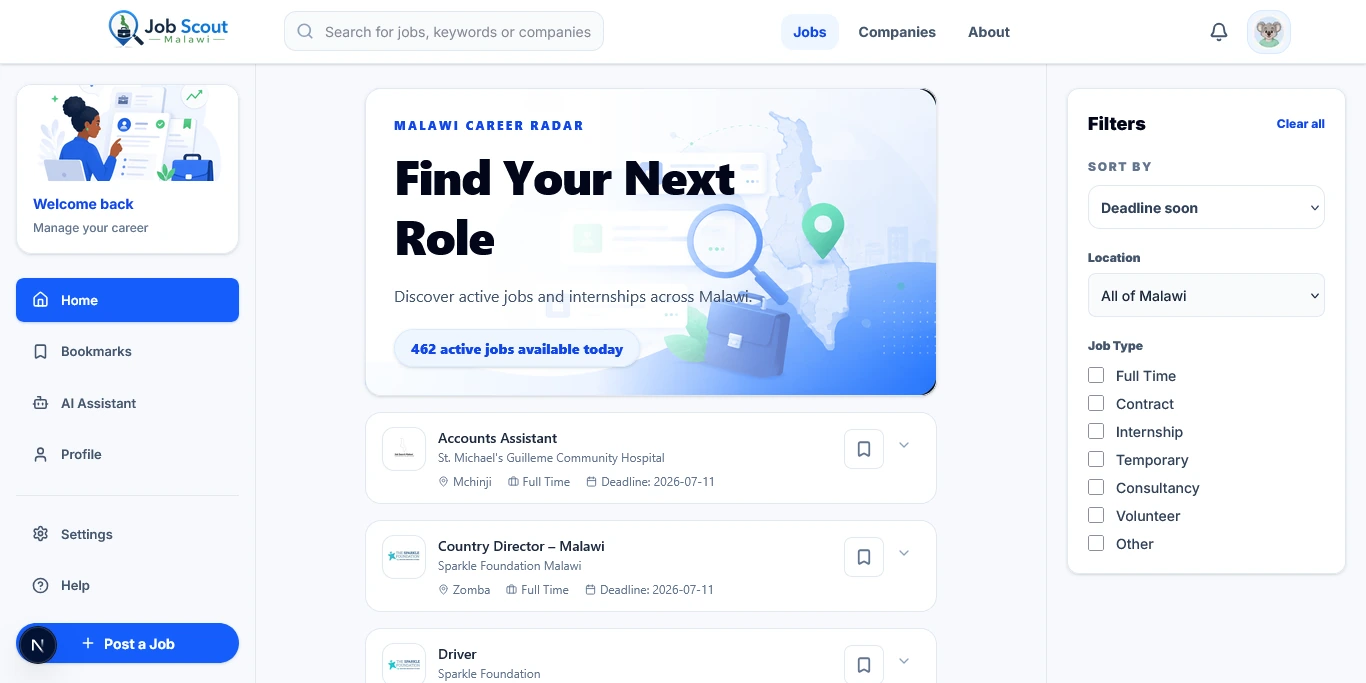 Job Scout Malawi dashboard showing active jobs, navigation and filters
